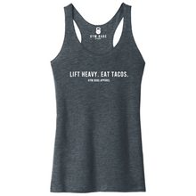 Load image into Gallery viewer, Lift Heavy. Eat Tacos. Racerback Tank

