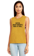 Load image into Gallery viewer, Coffee Heavy Weights Rock n Roll Muscle Tank - Gym Babe Apparel
