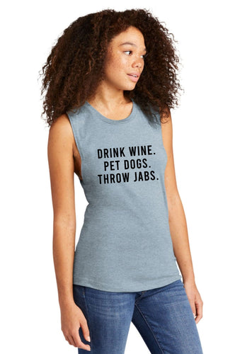 Drink Wine Pet Dogs Throw Jabs Muscle Tank - Gym Babe Apparel