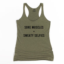 Load image into Gallery viewer, Sore Muscles and Sweaty Selfies Racerback Tank - Gym Babe Apparel
