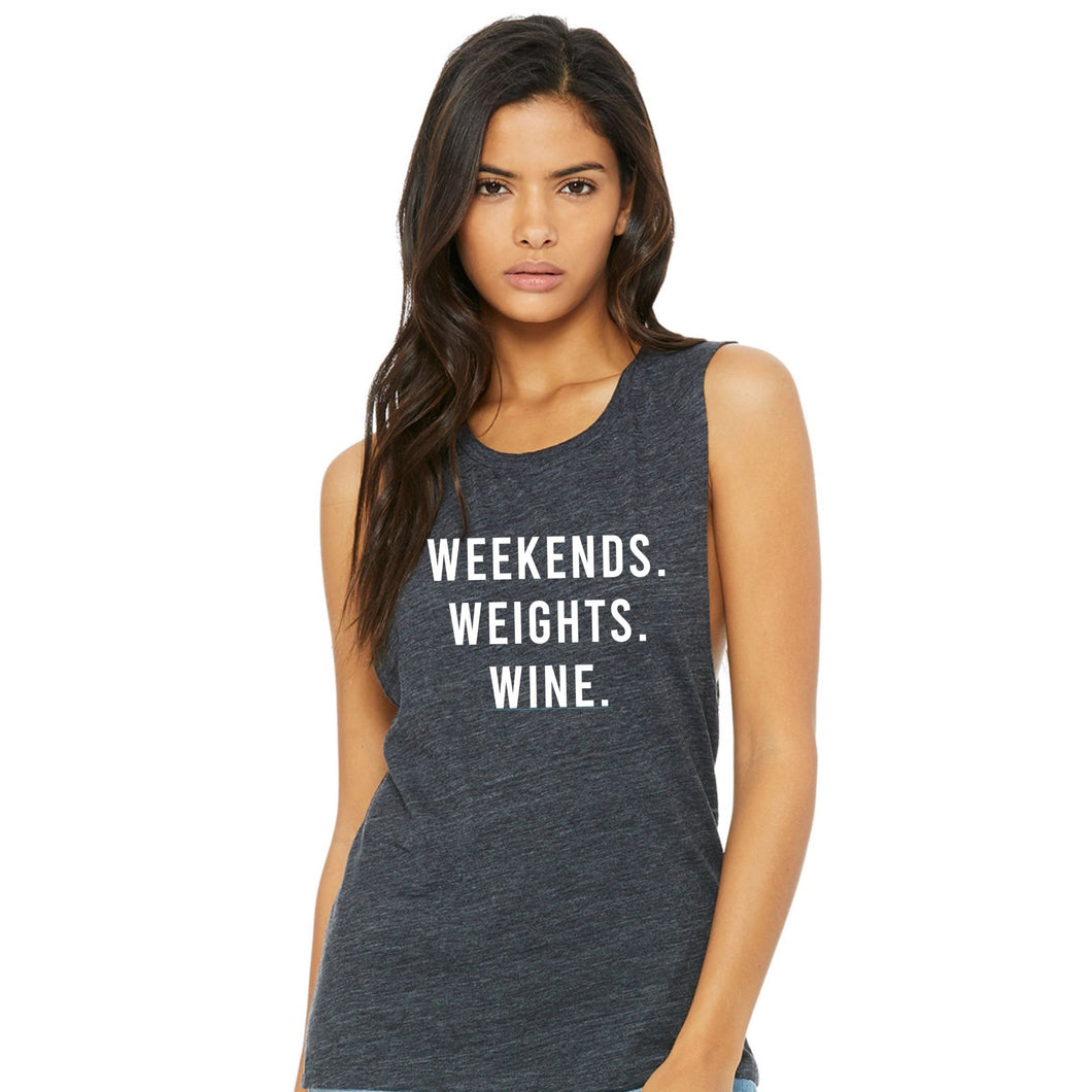 Weekends Weights Wine Muscle Tank - Gym Babe Apparel